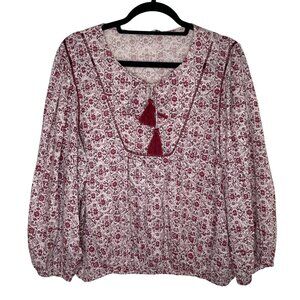 Lucky Brand Womens Floral Boho Peasant Blouse With Tassel Tie‎  Womens Size L